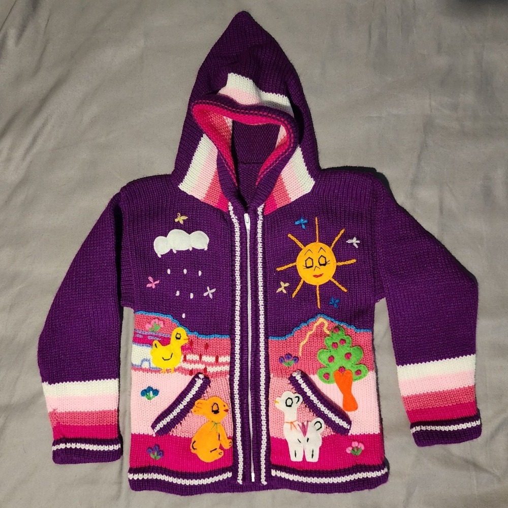 Vintage Style Purple Knit Llama Sun Cloud Embroidered Zip Up Hoodie Sweater Kids